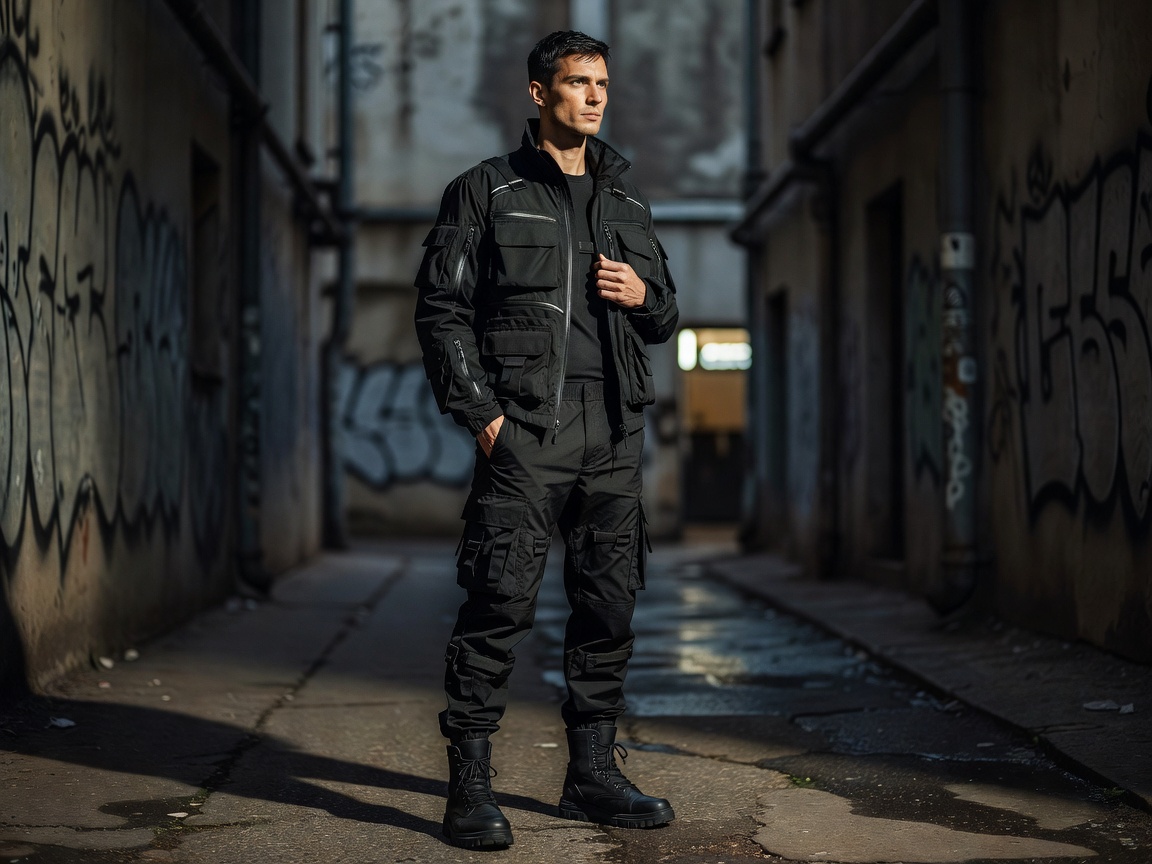 Berlin Techwear Designer in All Black Multi-Pocket Cargo Apparel