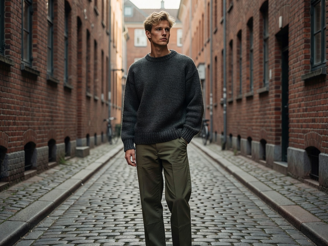 Danish Streetwear Model wearing Heavy Weight Knit and Box Trousers