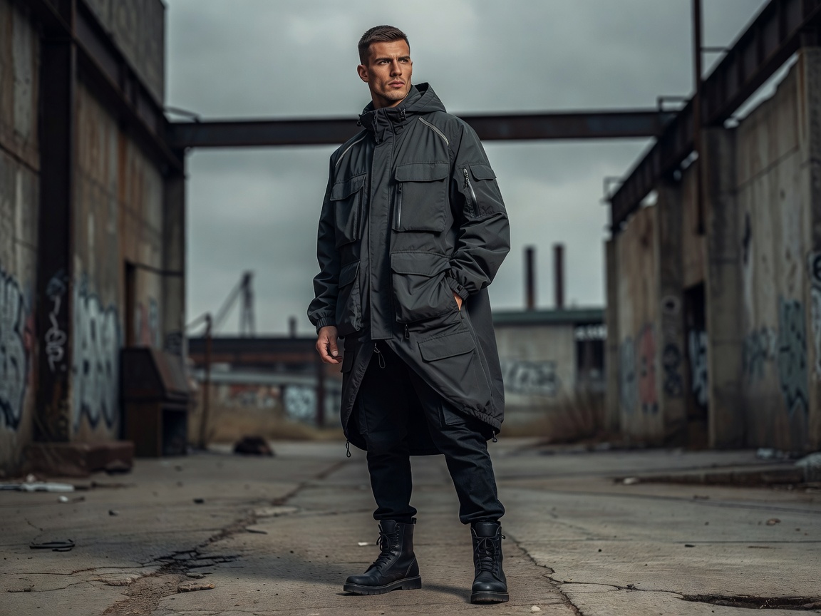European Men's Streetwear Model with Oversized Technical Jacket in Industrial Urban Setting