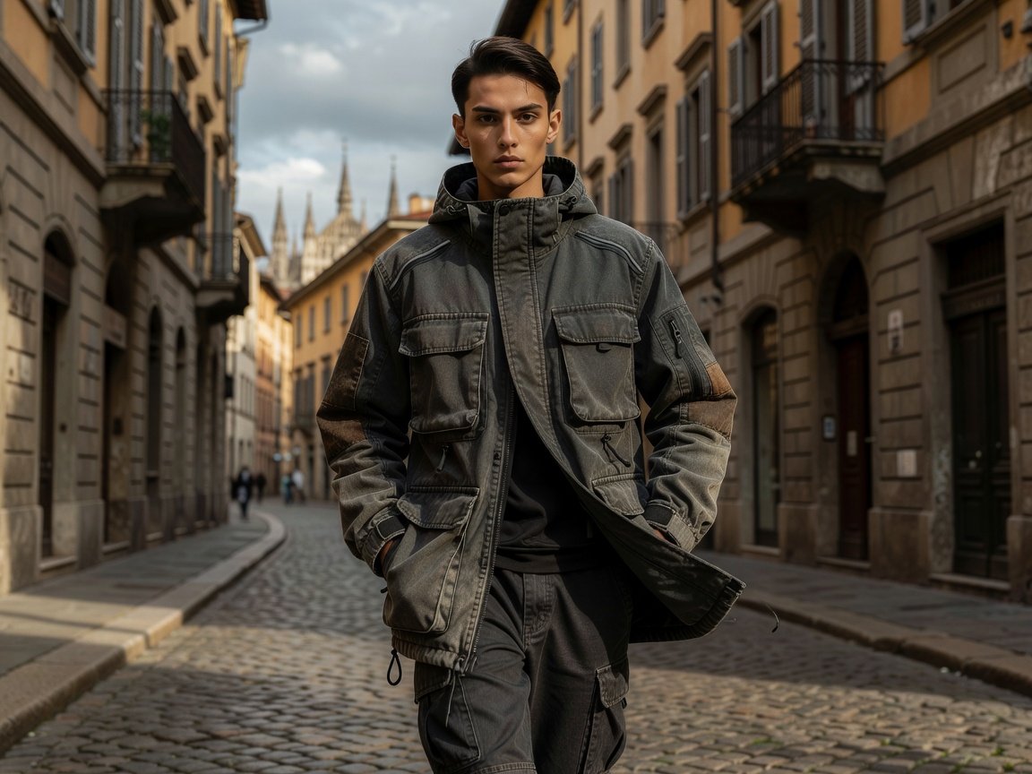 Milan Streetwear Model with Technical Garment Dyed Utility Jacket