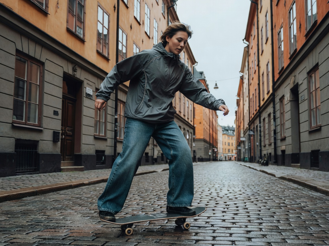 Swedish Skater wearing wide leg denim and technical windbreaker in Stockholm