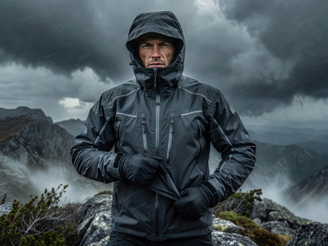 Technical Outerwear Model wearing 3-Layer GORE-TEX Shell Jacket with Taped Seams